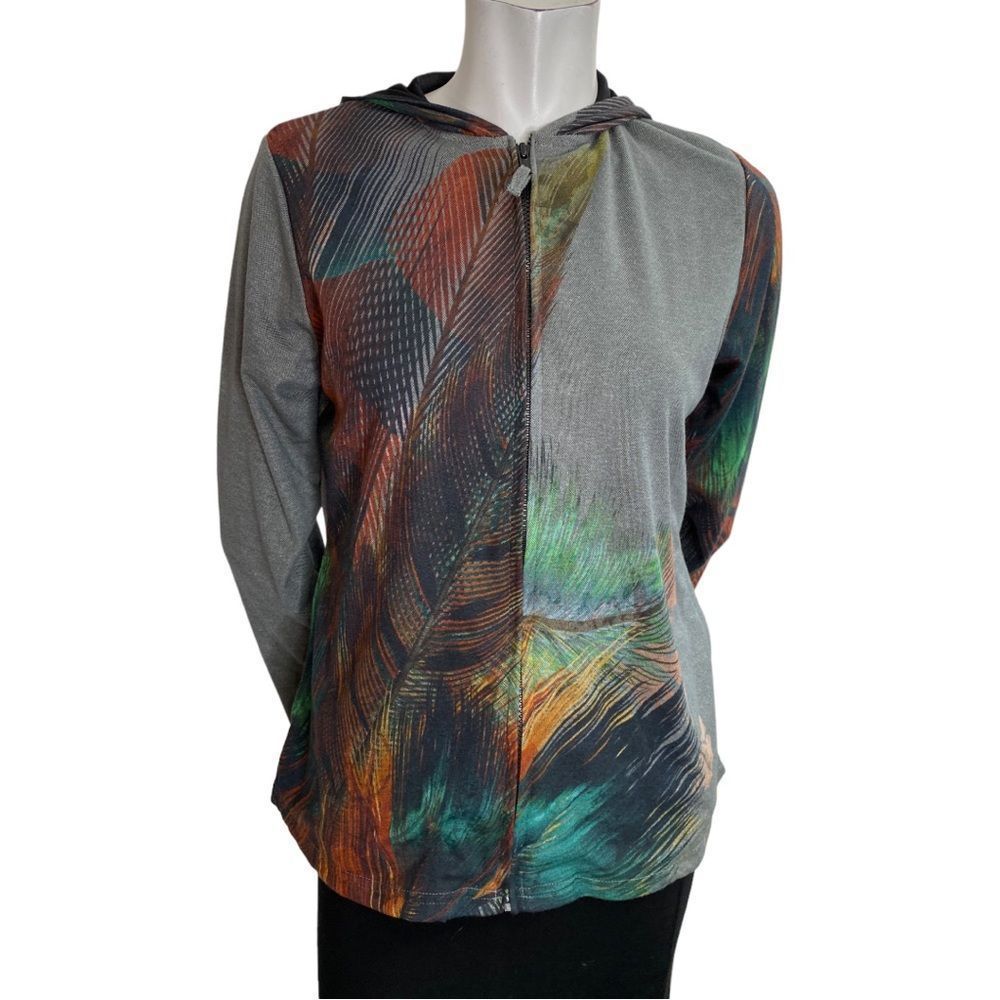 Parsley & Sage Krista Hoodie Lightweight Feather Pattern Hoodie Size Small